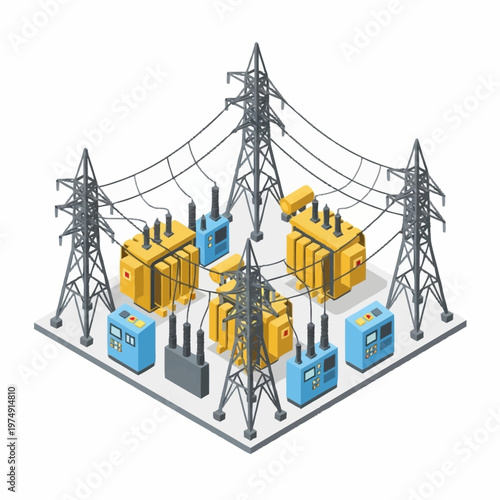 Isometric Power Substation with High Voltage Transmission Towers.