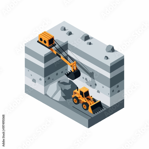 Isometric view of a mining operation with heavy machinery excavating a layered rock formation.