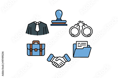 Illustrative icons depicting legal themes a judge briefcase handcuffs and a handshake high quality professional detailed
