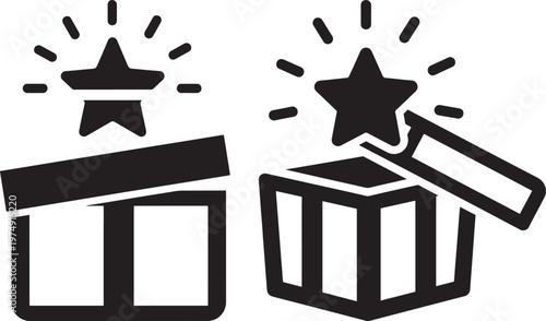 Two gift boxes with shining stars prize award or special bonus unboxing concept best quality review gift box e commerce celebrate unboxing promotion marketing achievement excellent surprise