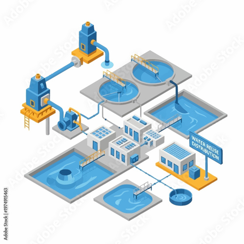 Isometric wastewater treatment plant purification process illustration.