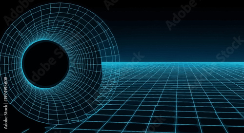Dynamic cybernetic wireframe grid and abstract glowing blue tunnel creating a futuristic digital landscape, symbolizing data flow and connectivity in technological realms