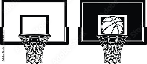 Minimalist basketball hoop backboard comparison flat vector illustration showing empty rim and ball scoring concept black white CAD drawing style