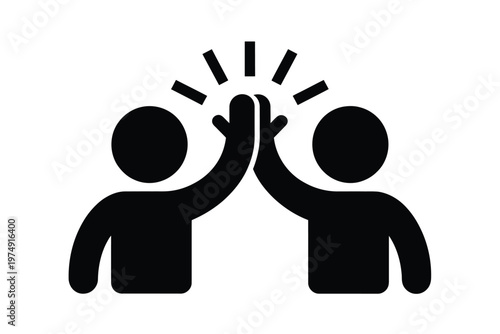 A simple black and white illustration depicts two figures giving each other a high five