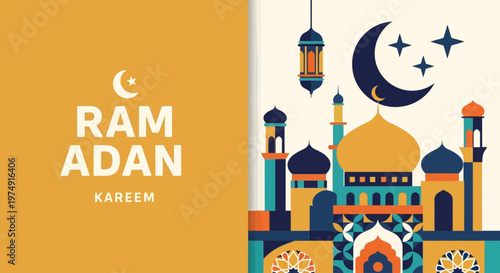 Ramadan Kareem greeting card with Islamic mosque and crescent moon illustration