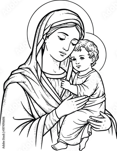 Virgin Mary Holding Baby Jesus with Halo Hand Drawn Vector Religious Illustration