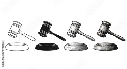 Collection of four different styles of auctioneer's gavels and sounding blocks, presented in a linear arrangement for comparison