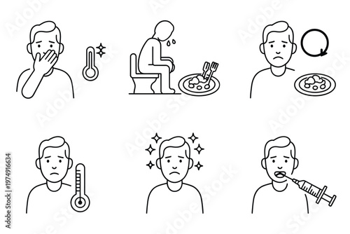 Line art illustrations depicting various symptoms of illness including fever nausea and discomfort high quality professional