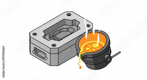 Isometric Illustration of Molten Metal Pouring into a Mold for Industrial Foundry Casting Process