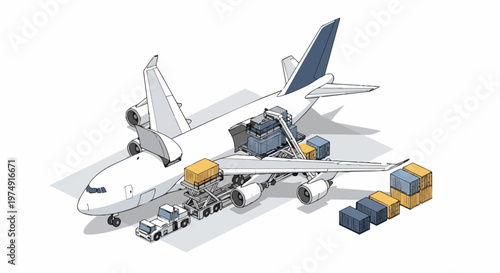 Isometric Illustration of a Cargo Plane Loading Shipping Containers for Global Logistics and Air Freight Supply Chain