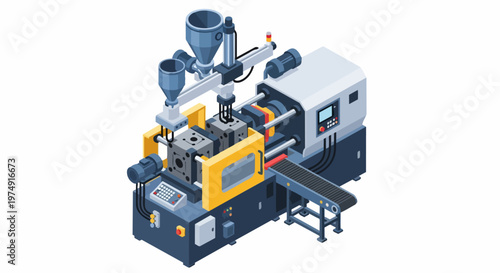 Isometric Plastic Injection Molding Machine for Industrial Manufacturing and Production Process, 3D Illustration
