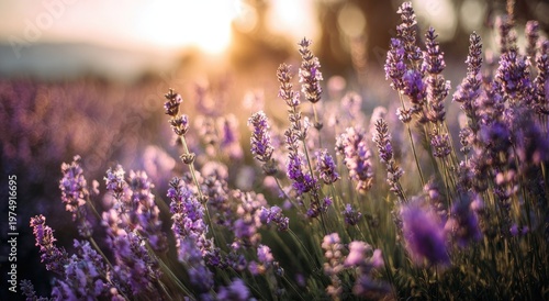 Golden hour sunlight bathes a field of blooming lavender