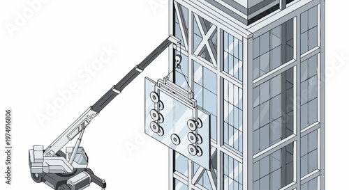 Isometric Illustration of a Mobile Crane Installing a Large Glass Pane on a Modern Skyscraper Building Facade, Construction and Engineering Concept