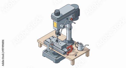 Isometric Vector Illustration of an Industrial Bench Drill Press on a Workshop Table with Metalworking Tools and Clamps