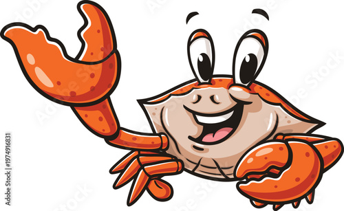 Smiling crab mascot cartoon waving its claws