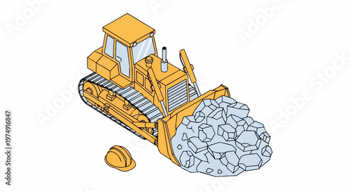 Isometric Yellow Bulldozer Pushing Rocks with Construction Hard Hat, Vector Illustration