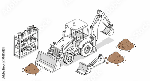 Isometric Backhoe Loader Line Art Illustration with Construction Tools and Dirt Piles