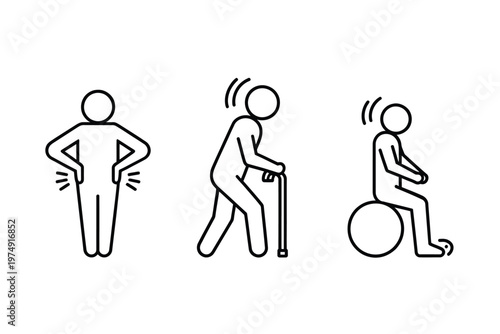 Line art depicts three figures representing stages of aging and increasing physical limitations high quality professional