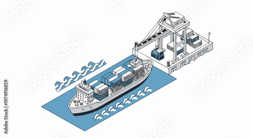Isometric Illustration of a Cargo Ship at a Port Terminal with Gantry Crane and Containers for Logistics and Global Trade Concept
