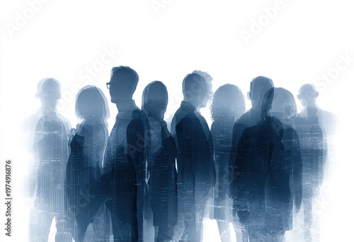 Silhouetted figures layered with cityscapes in a misty blue hue