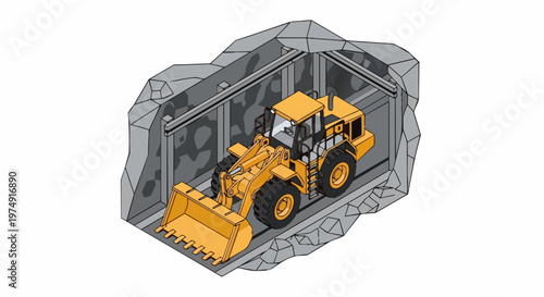 Yellow Wheel Loader in Underground Mine Tunnel Isometric Vector Illustration