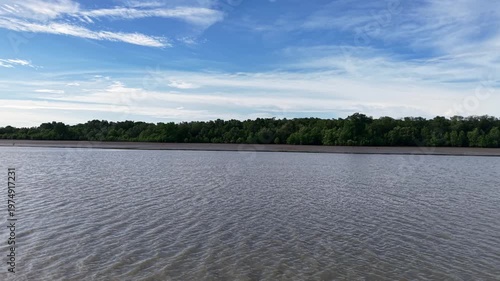 Calm body of water with a few trees in the background. The sky is clear and blue