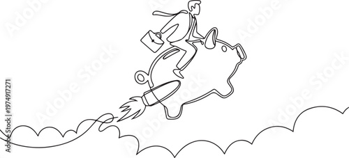 Continuous one line drawing businessman riding piggy bank rocket flying in the sky. Saving money concept. One line draw graphic design vector