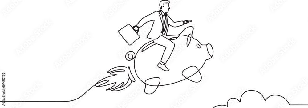 Obraz premium Continuous one line drawing businessman riding piggy bank rocket flying in the sky. Saving money concept. One line draw graphic design vector