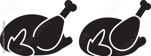 Black and white illustration of a whole roasted chicken or turkey representing a meal dinner festive occasion with thanksgiving christmas celebration traditional delicious restaurant silhouette