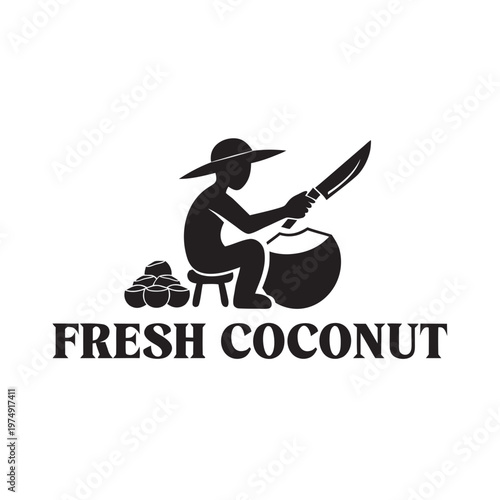 Iconic illustration of a traditional vendor preparing fresh tropical coconuts for refreshing, healthy, organic beverages. Symbolizes natural fruit processing