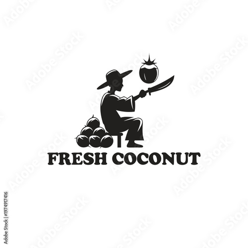 Fresh Coconut Logo Silhouette of a Farmer with Coconuts and a Machete, Representing Tropical Fruit and Natural Produce, Ideal for Beverage and Food Brands