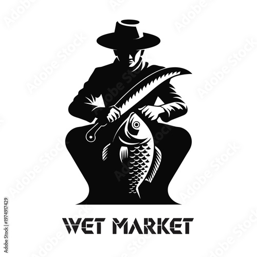 Silhouette of a fisherman in a hat holding a knife and a large fish, symbolizing a wet market, seafood, and culinary traditions