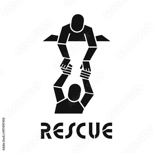 Illustration of a stylized rescue operation, depicting a person reaching down to help another person up, with the word 'RESCUE' clearly visible below the figures