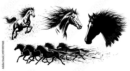 Powerful Horses in Motion Artistic Ink Splatter Illustrations and Silhouettes of Galloping and Jumping Equine Spirit