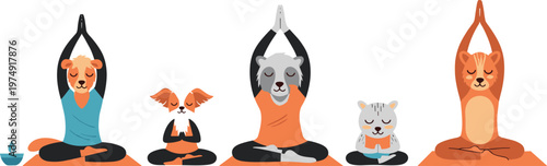 Cute Animal Yoga Cartoon Set with Lion, Fox, Raccoon, and Cat Practicing Meditation and Stretching for Kids Wellness Illustration