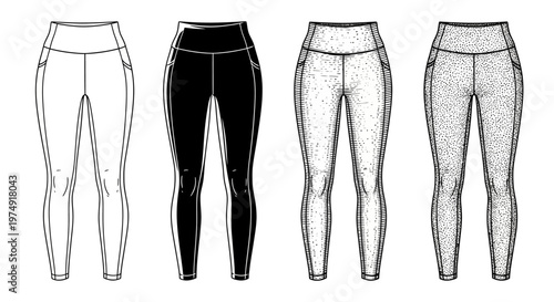 Set of four athletic leggings in various styles and colors, showcasing design details and fabric textures