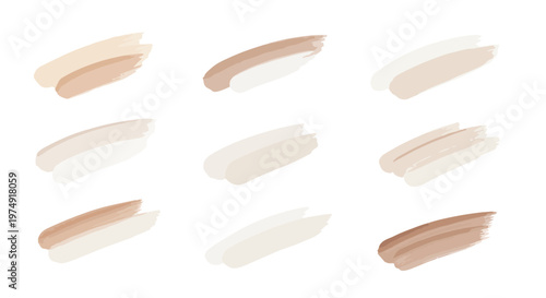 Various shades of foundation makeup swatches on white background for cosmetic product selection