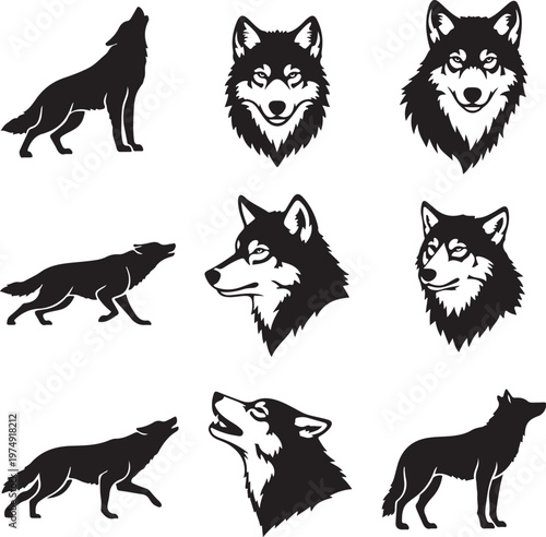 Black Wolf Silhouettes Set: Howling, Running, and Profile Vectors