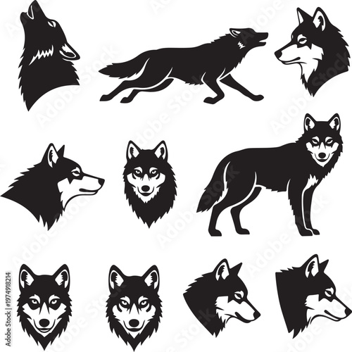 Black Wolf Silhouettes Set: Howling, Running, and Profile Vectors