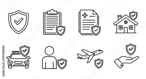 Set of icons representing various forms of insurance and protection, including car, health, home, and travel