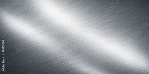 Polished silver brushed metal texture background with a shiny stainless steel surface pattern on a smooth industrial aluminum plate material featuring a light gray metallic reflection
