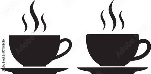 Two black silhouette icons of steaming coffee cups on saucers representing hot beverages morning coffee or tea break with beverage espresso cappuccino restaurant breakfast minimalist isolated