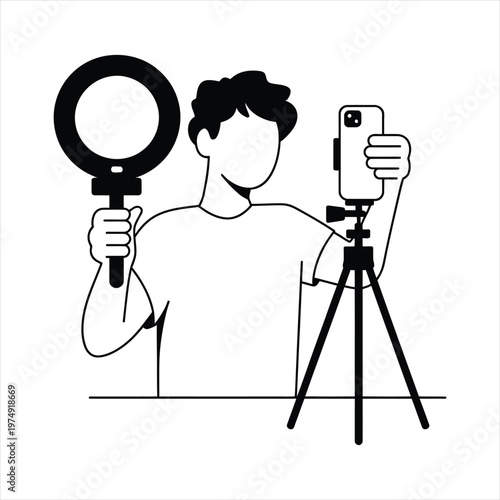 Person filming with smartphone, tripod and ring light, content creation concept