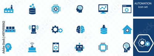 This visual depicts a collection of blue automation icons representing diverse concepts like industry data ai and smart technology high quality professional detailed
