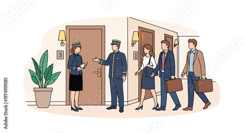 Professional hotel staff greeting and assisting a group of business travelers in a modern and clean hotel lobby hallway.