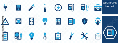 This image showcases a collection of blue electrician icons depicting tools safety symbols and electrical components high quality professional detailed modern elegant stylish