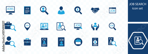 A collection of vibrant blue icons representing various aspects of job searching including applications interviews and recruitment high quality professional detailed modern elegant