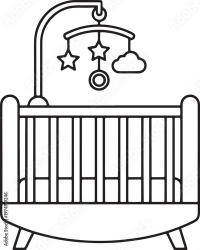 Baby crib with hanging mobile featuring stars and clouds line art icon furniture playtime childhood comfortable parenting equipment illustration