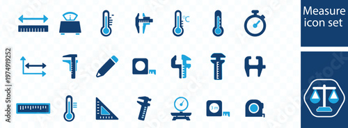 This image displays a collection of blue measurement icons including rulers scales thermometers and various tools for precise quantification high quality professional detailed
