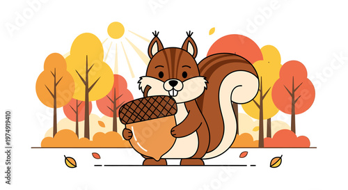 A cartoon squirrel holding an acorn in autumn.
